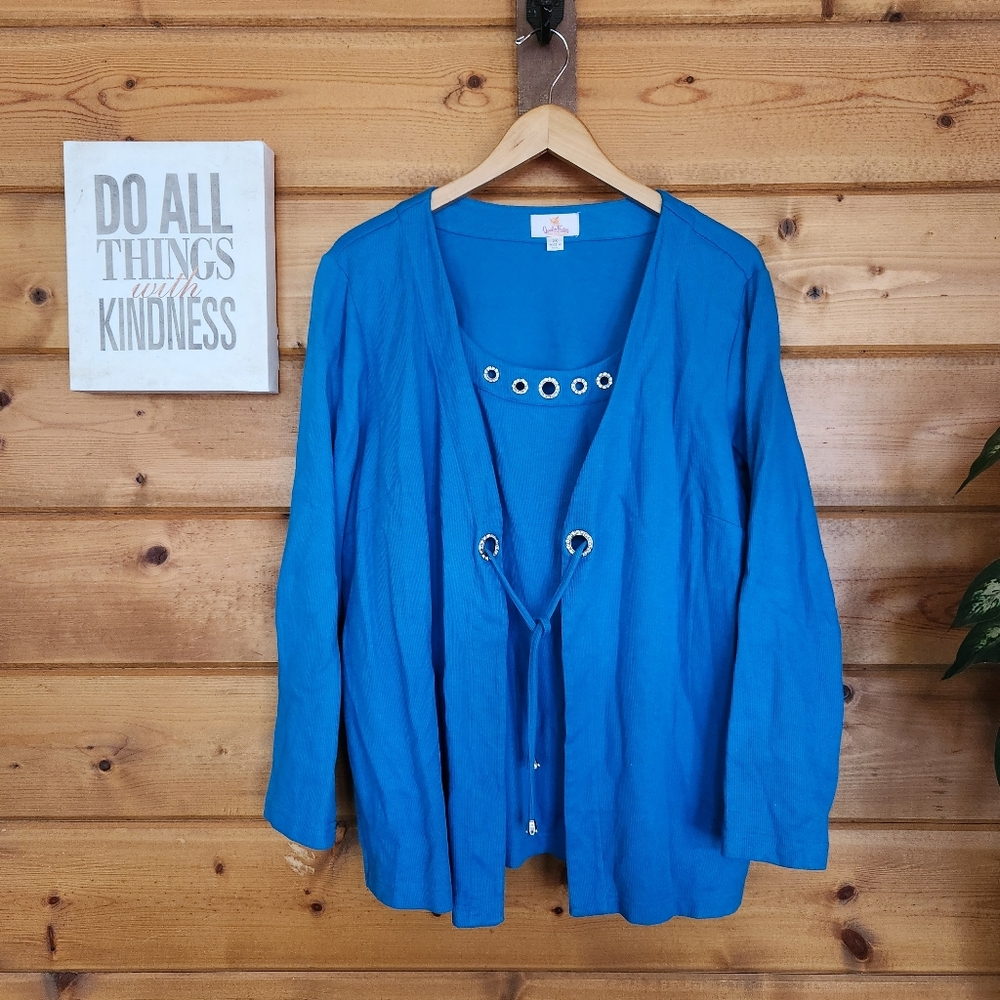 Quacker Factory Blue Cardigan Tank Sweater Top Set Rhinestone Keyhole Plus Sz 2X